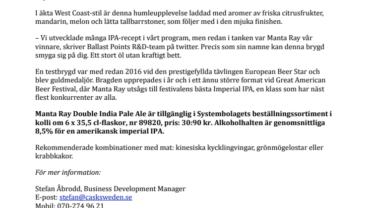 Ballast Point Manta Ray utsedd till USA:s bästa dubbel-IPA