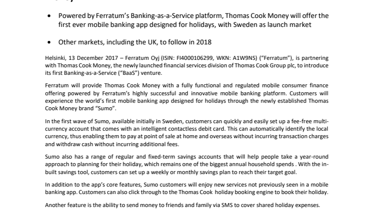 Ferratum Group launches strategic partnership with Thomas Cook Money