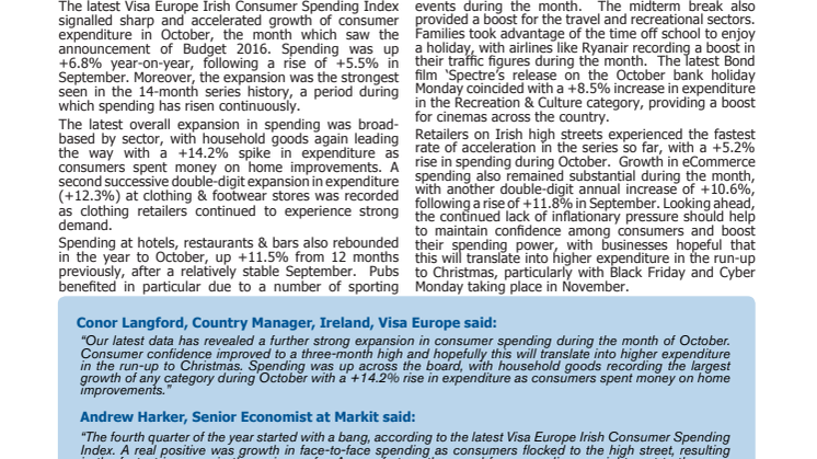 Visa Europe's Irish Consumer Spending Index - 11 November 2015