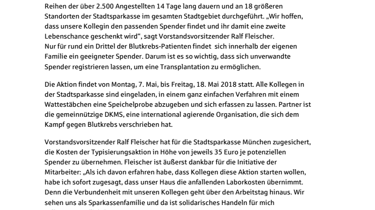 Stammzellspender gesucht - Stadtsparkasse München startet Typisierungsaktion in den eigenen Reihen