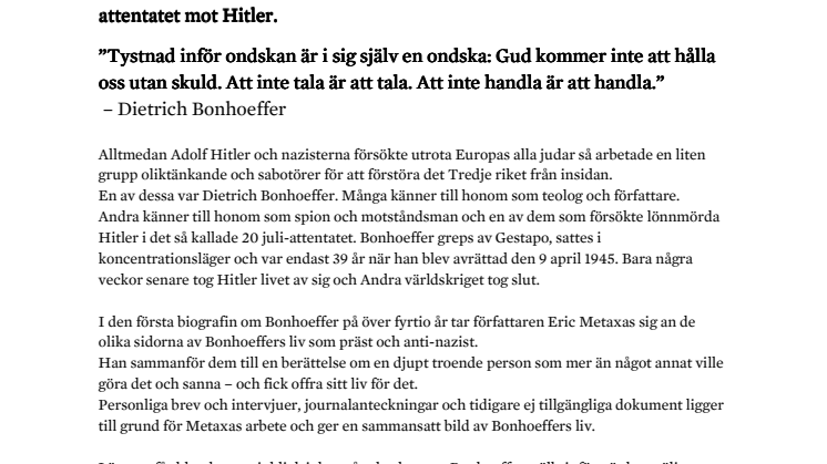 ​Ny biografi om motståndsmannen Dietrich Bonhoeffer - 70 år efter Andra världskriget