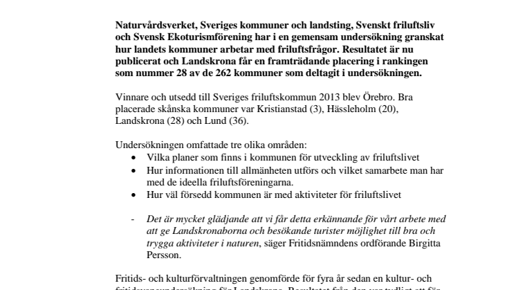 Landskrona väl framme i rankingen av Sveriges friluftskommun 2013