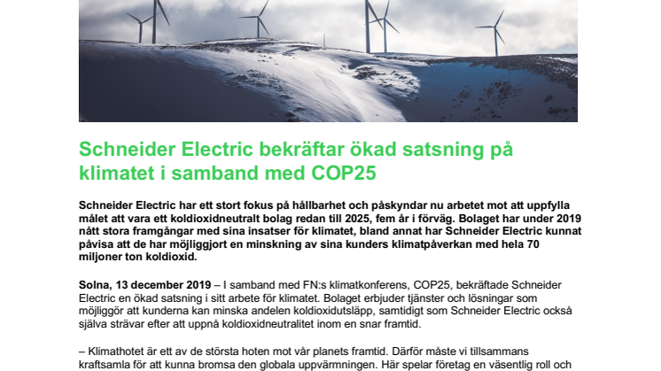Schneider Electric bekräftar ökad satsning på klimatet i samband med COP25
