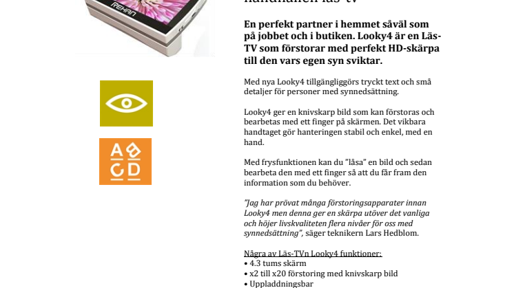 Iris Hjälpmedel lanserar: Looky4 HD Touch Screen - handhållen Läs-TV