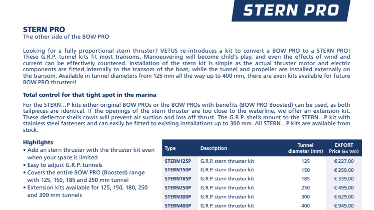 VETUS GRP tunnel kit to convert a BOW PRO to a STERN PRO thruster - Information Sheet