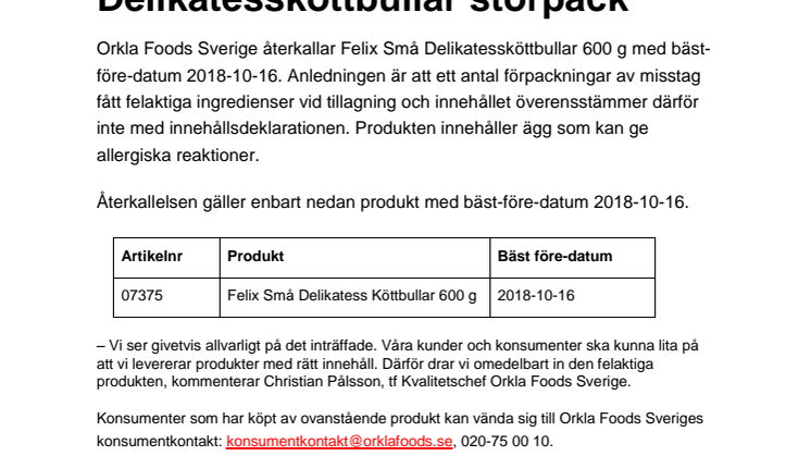 Återkallelse av Felix Små Delikatessköttbullar storpack
