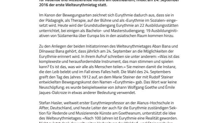 Erster Welteurythmietag am 24. September – unterstützt von der Sektion für Redende und Musizierende Künste am Goetheanum