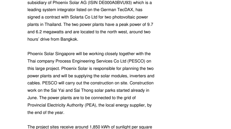Phoenix Solar Singapore signs a contract for two solar parks in Thailand