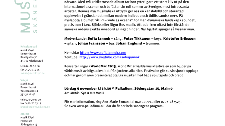 Sofia Jannok – ger sin första konsert i Malmö!