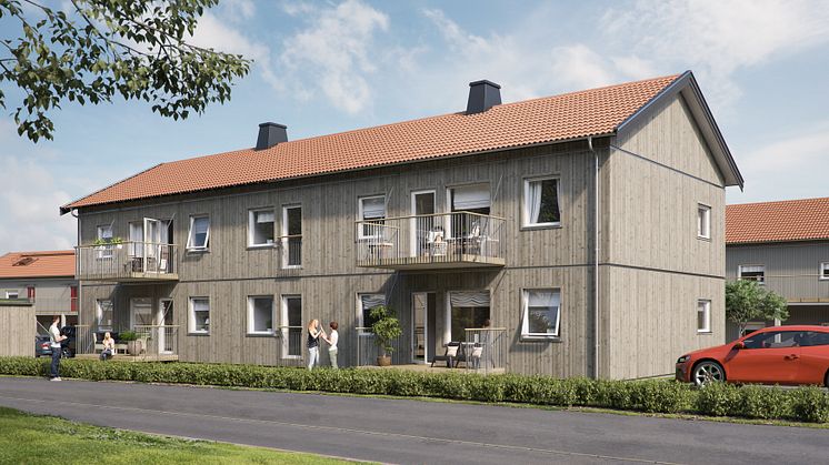 Illustration av gårdssida med altaner/balkonger samt gräsyta, BoKlok Ekbacken. 