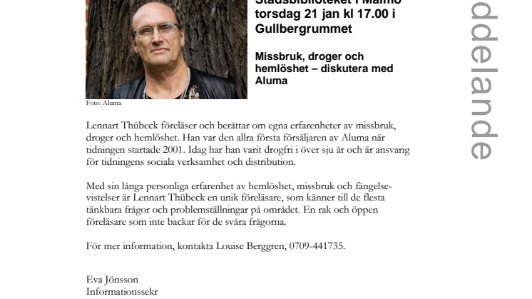 Stadsbiblioteket i Malmö: Missbruk, droger och hemlöshet – diskutera med Aluma