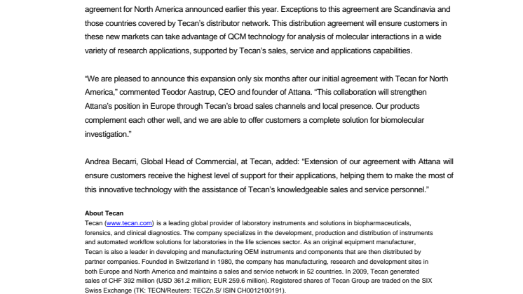 Tecan and Attana extend distribution agreement 