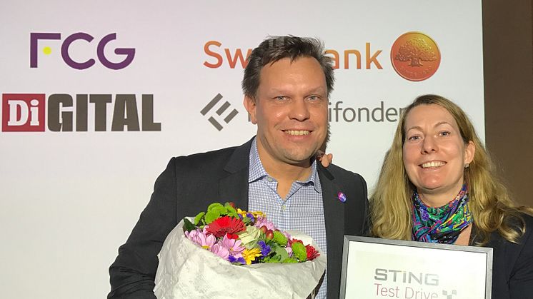 Joakim Jonsson och Sonia Lundberg, grundare av ShareLending, vann "Bästa Pitch" i STING Test Drive Fintech igår.
