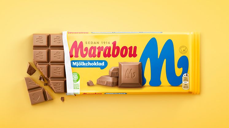 Marabous chokladkakor får ett nytt, modernare utseende, men givetvis med samma storlek, unika smak och den välkända gula färgen med röd logotyp.