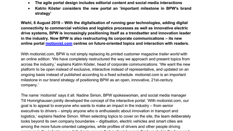 Customer magazines are old hat – BPW launches new online portal motionist.com dedicated to transport and logistics