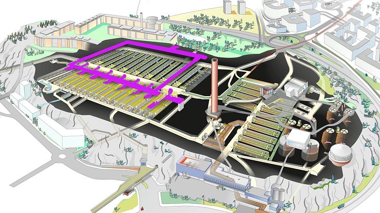 ”Stockholms Framtida Avloppsrening” - skissen visar en bild över hur Henriksdalsverket kommer se ut efter ombyggnad. Den totala kapaciteten blir ungefär dubbel jämfört med idag.