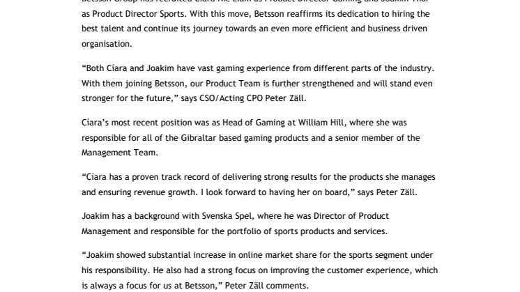Betsson strengthens the Product Team with hires from William Hill and Svenska Spel