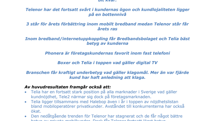 Svenskt Kvalitetsindex 2009: Så säger kunderna om sina data- och telekomoperatörer?