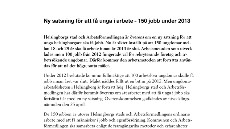 Ny satsning för att få unga i arbete - 150 jobb under 2013