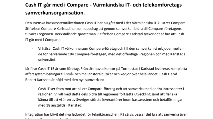 Cash IT går med i Compare - Värmländska IT- och telekomföretags samverkansorganisation.
