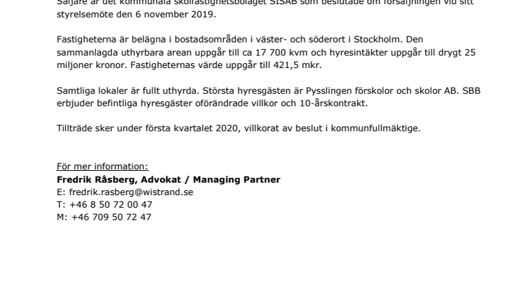 Wistrand biträder SBB vid förvärv av skolfastigheter av SISAB