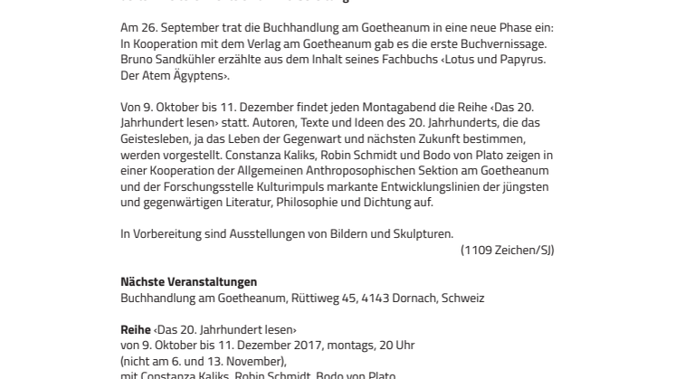 Neu: Veranstaltungen der Buchhandlung am Goetheanum