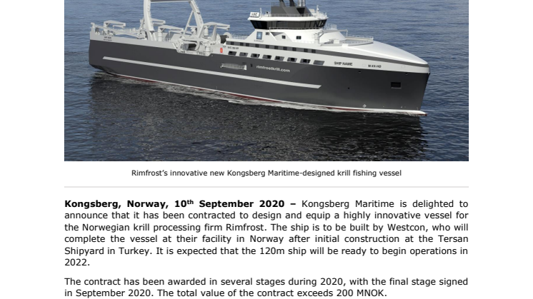 Kongsberg Maritime to design and equip an innovative new krill vessel for Rimfrost