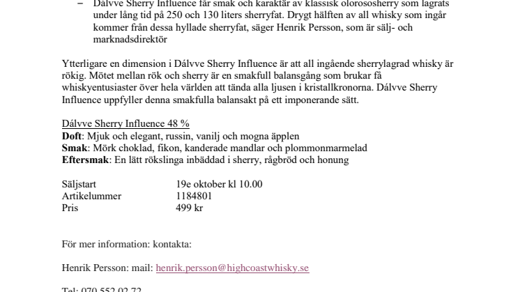 ​Premiär för världens första High Coast Single Malt Whisky  - Dálvve Sherry influenced