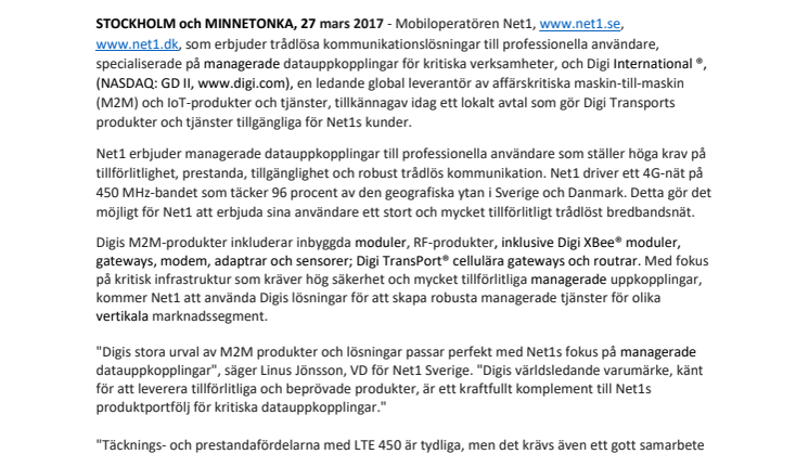 Net1 och Digi International tecknar samarbetsavtal för Sverige och Danmark