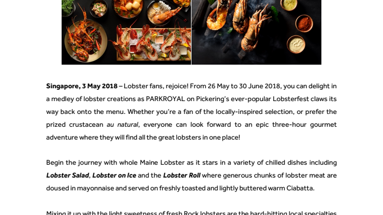 Lobster Frenzy Returns to PARKROYAL on Pickering 