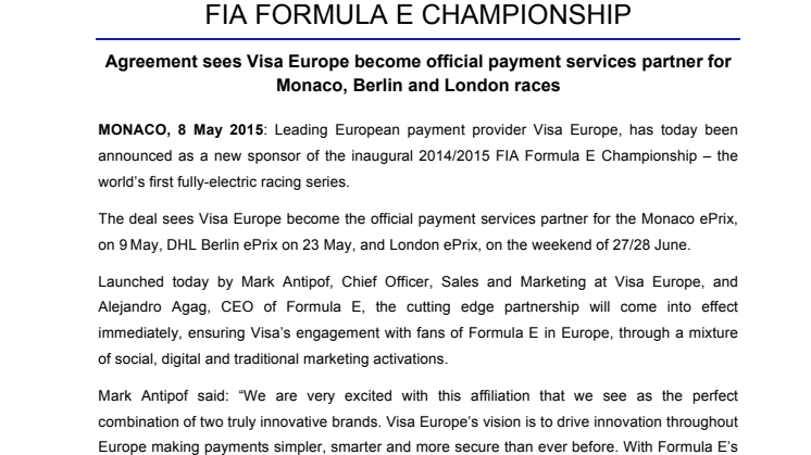 Visa Europe partners with FIA Formula E Championship