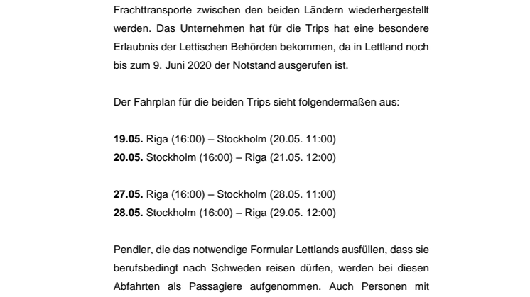 Romantika macht im Mai Extra-Fahrten zwischen Schweden und Lettland