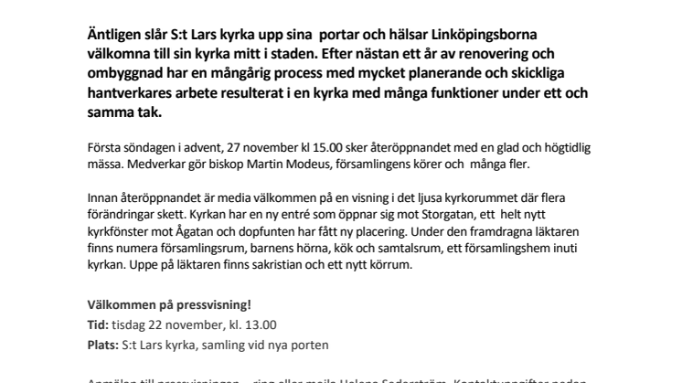 Välkommen till pressvisning 22 november 13.00 i vår nyrenoverade S:t Lars kyrka
