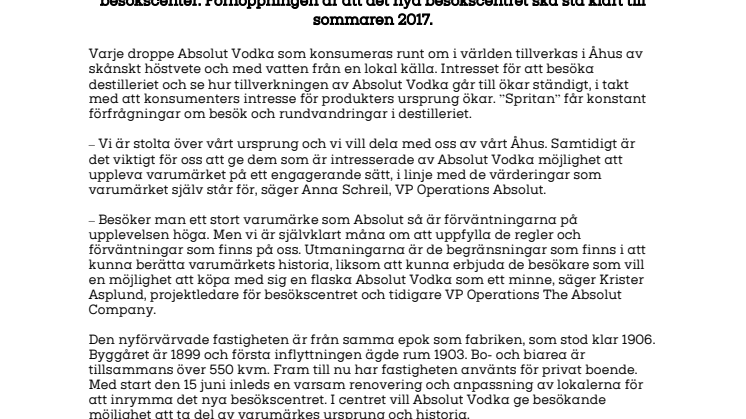 Absolut Vodka öppnar  besökscenter i Åhus 