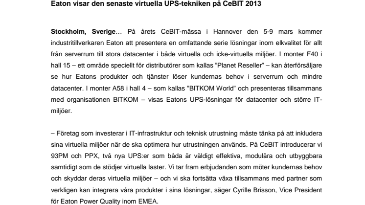 Eaton visar den senaste virtuella UPS-tekniken på CeBIT 2013