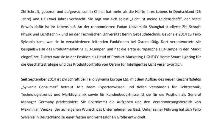 ZHI SCHRAFT WIRD GENERAL MANAGER GERMANY BEI FEILO SYLVANIA