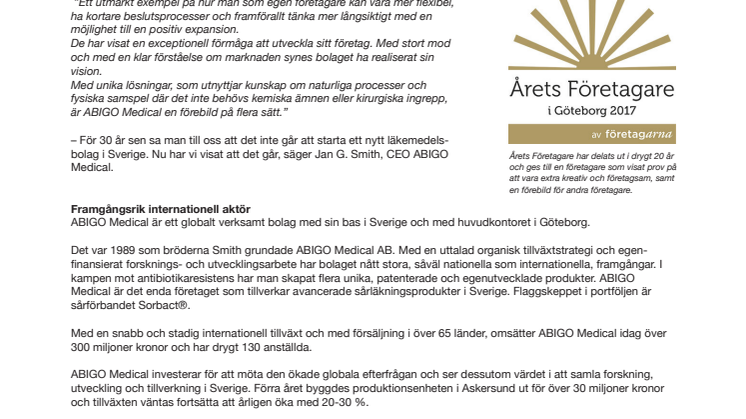 Årets Företagare i Göteborg 2017 – ABIGO Medical AB