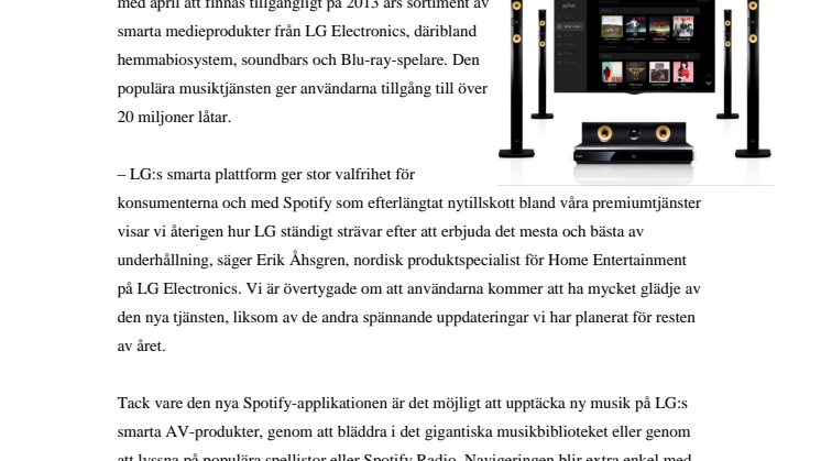 SPOTIFY LANSERAS PÅ LG:S SMARTA AV-PRODUKTER