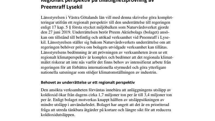 Regionalt perspektiv på tillåtlighetsprövning av Preemraff Lysekil