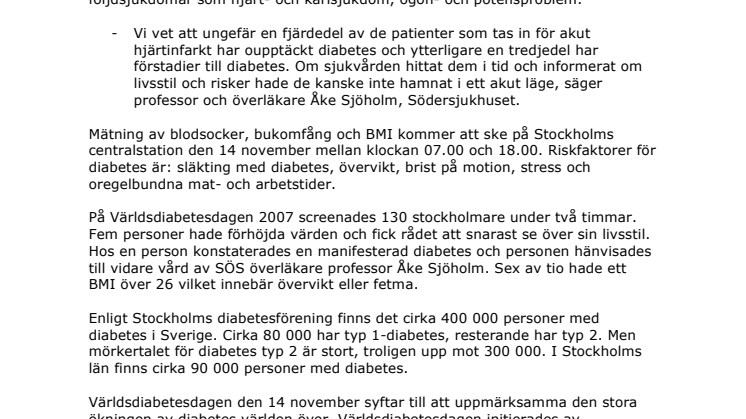 Stockholmarna erbjuds diabetesscreening på Världsdiabetesdagen den 14 november