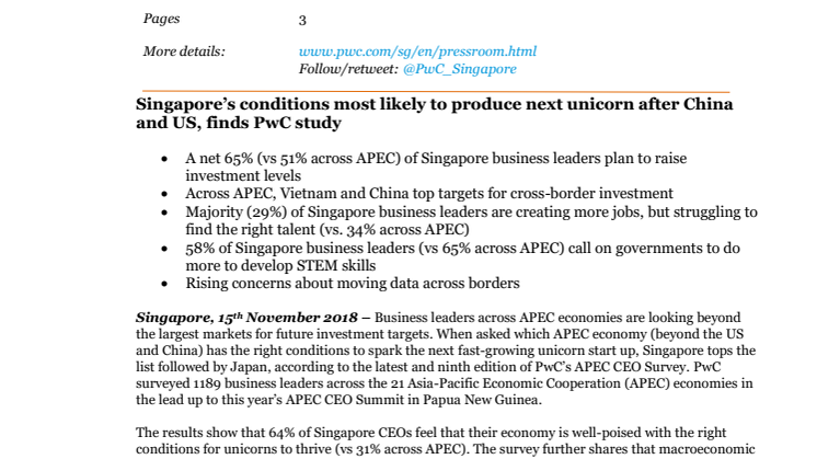 Singapore’s conditions most likely to produce next unicorn after China and US, finds PwC study 