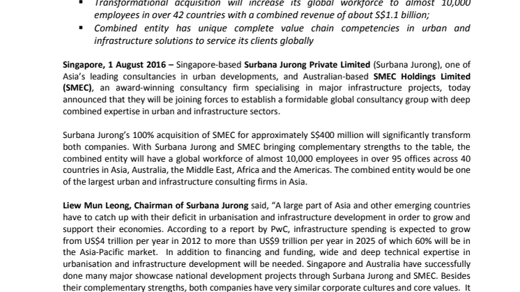 Surbana Jurong acquires SMEC to be one of Asia's largest consultancy powerhouses in urban & infrastructure developments