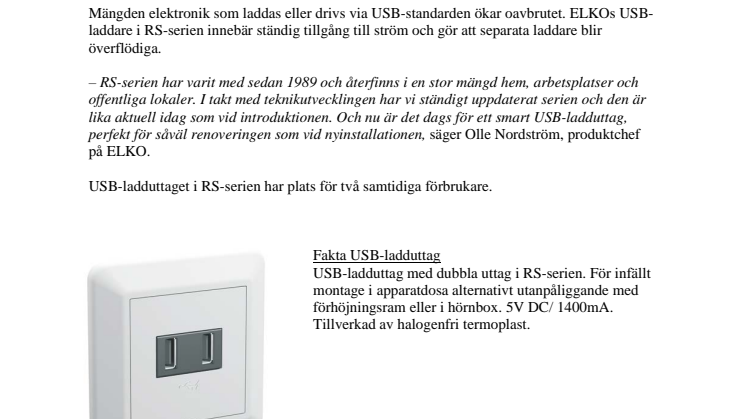 Klassikern ELKO RS kompletteras med smart USB-laddare