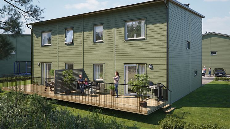 Illustration av gårdssida med altaner, BoKlok Hjälmen i Södra Hemlingby, Gävle. 
