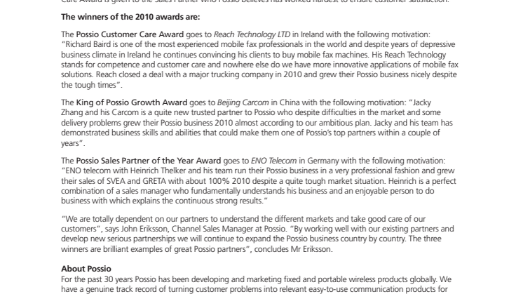  ANNUAL POSSIO SALES PARTNER AWARDS 2010