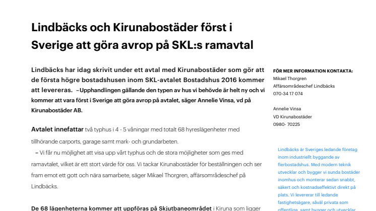 Lindbäcks och Kirunabostäder först i Sverige att göra avrop på SKL:s ramavtal