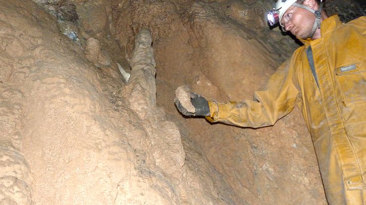 Prof Sebastian Breitenbach inside the cave with a stalagmite