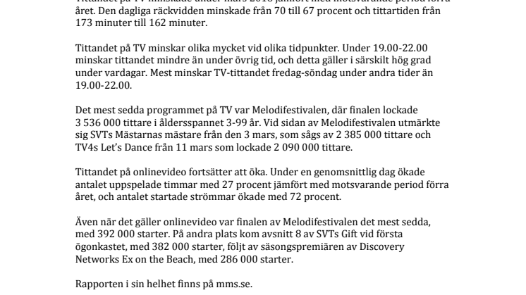 MMS: ​Onlinevideo fortsätter att öka. TV tappar tittartid dagtid.