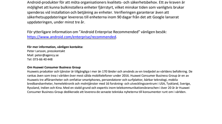Huawei verifierade enligt ”Android Enterprise Recommended”