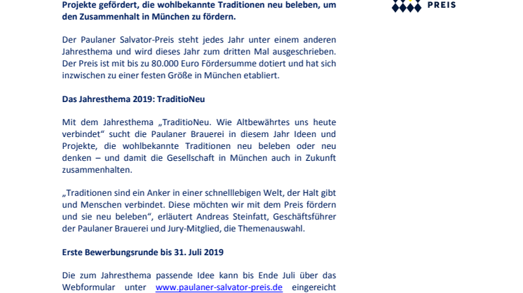 Bewerbungsstart für den Paulaner Salvator-Preis 2019